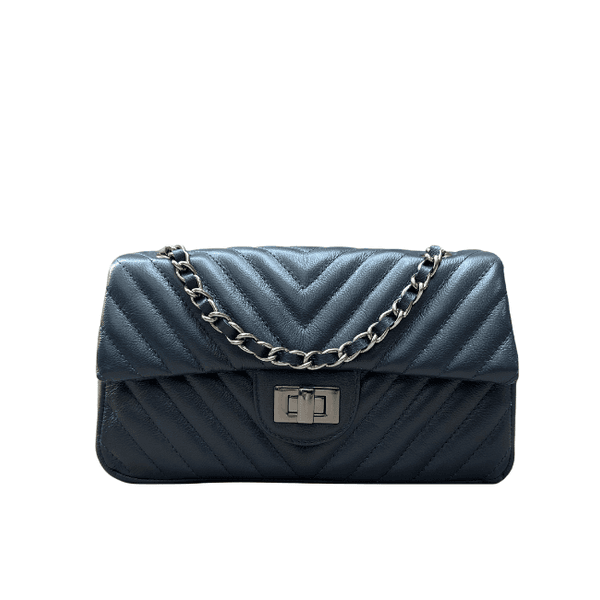 Bolsa Kiara Média Chevron Couro Azul Marinho Grafite