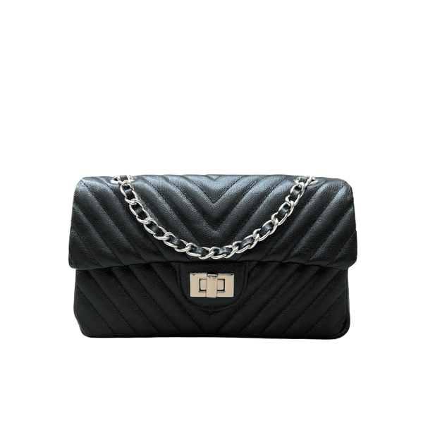 Bolsa Kiara Média Chevron Couro Preto com Ferragens Prata