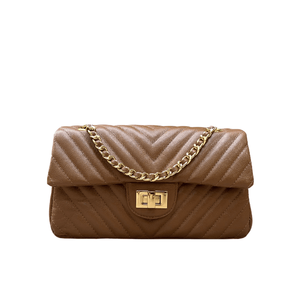 Bolsa Kiara Média Chevron Couro Caramelo