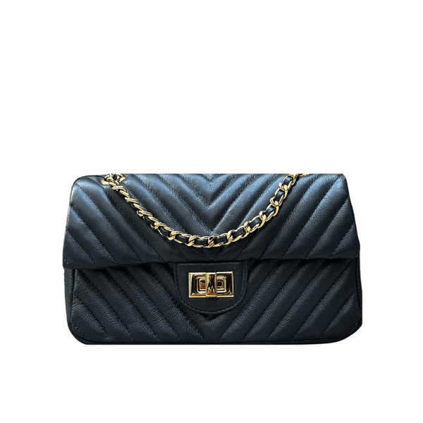 Bolsa Kiara Média Chevron Couro Azul Marinho com Ferragens Douradas