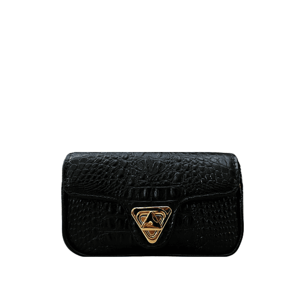 Bolsa Giulia Couro Croco Preto com Ferragens Douradas