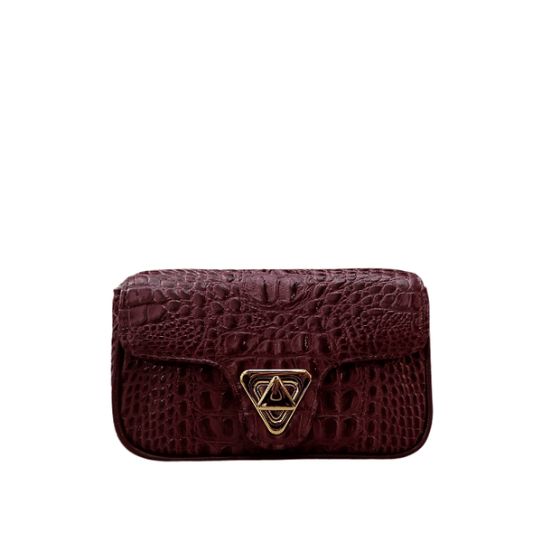 Bolsa Giulia Couro Croco Cabernet com Ferragens Douradas