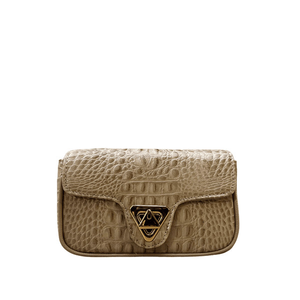 Bolsa Giulia Couro Croco Nude com Ferragens Douradas