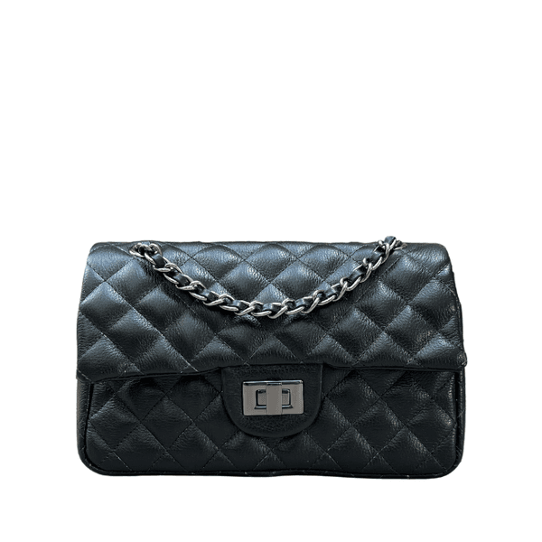 Bolsa Kiara Média Couro Preto com Ferragens Grafite