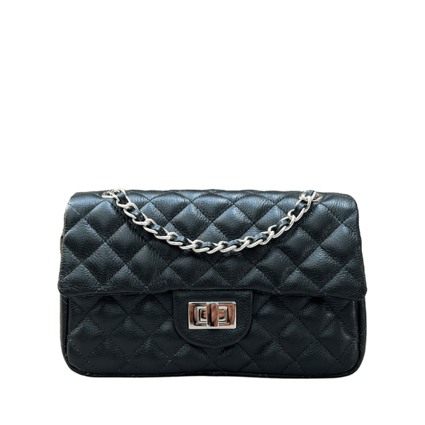 Bolsa Kiara Média Couro Preto com Ferragens Prata