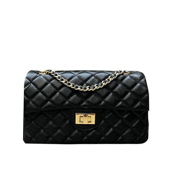 Bolsa Kiara Média Couro Preto com Ferragens Dourada