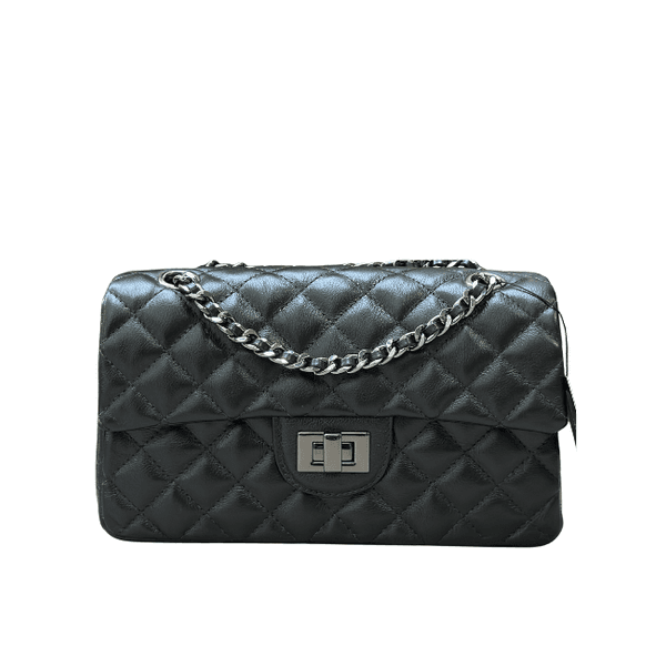 Bolsa Kiara Média Couro Preto com Ferragens Grafite