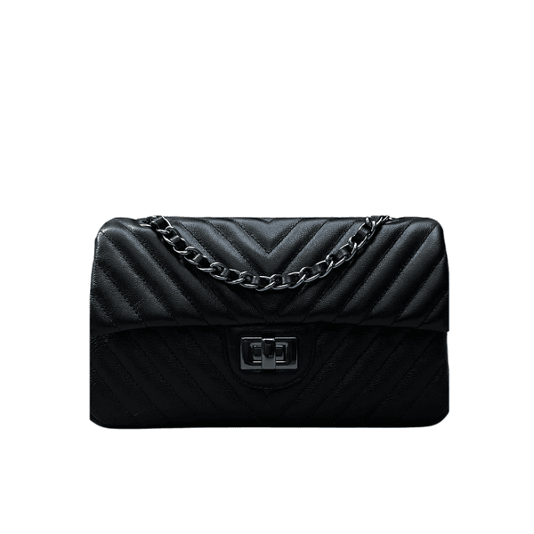 Bolsa Kiara Média Chevron Couro Preto com Ferragens Grafite