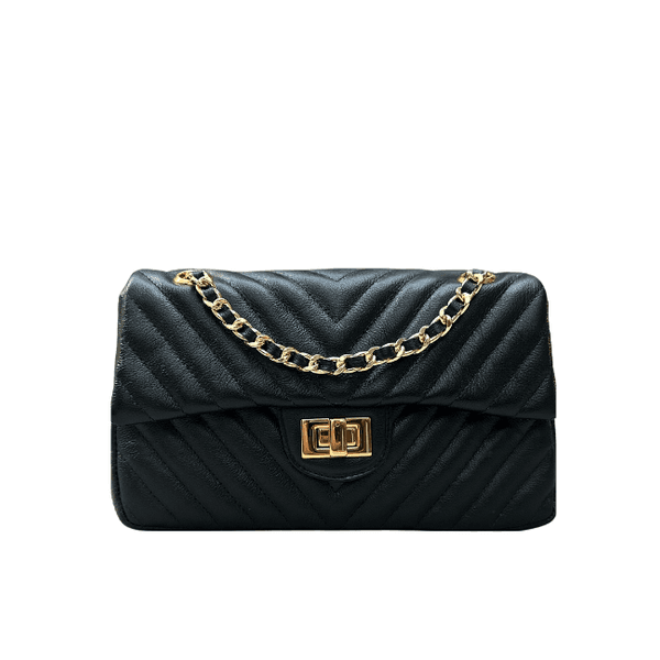 Bolsa Kiara Média Chevron Couro Preto com Ferragens Douradas