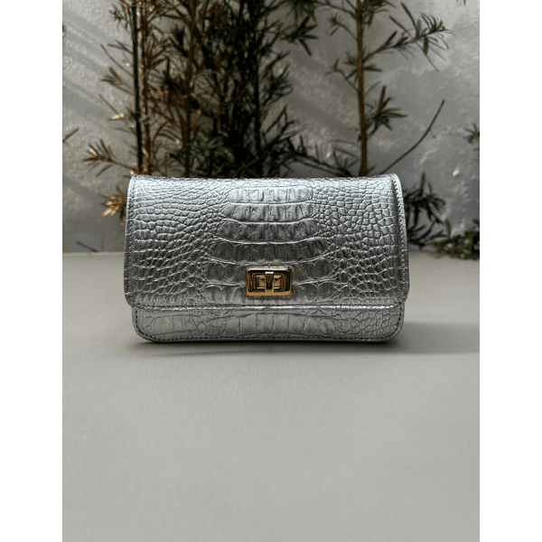 Bolsa Livia Couro Croco Metalizado Prata