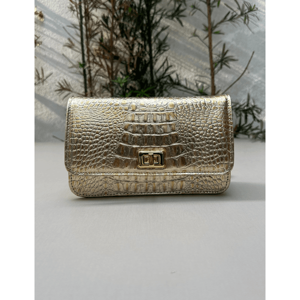 Bolsa Livia Couro Croco Metalizado Ouro Light