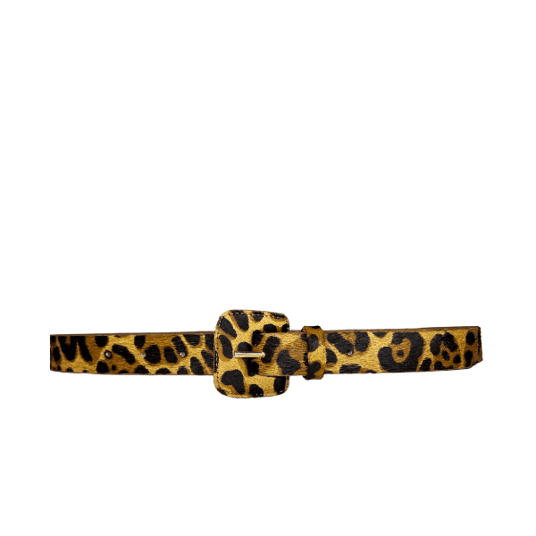 Cinto de Couro Andria Animal Print Onça com Fivela Encapada Quadrada