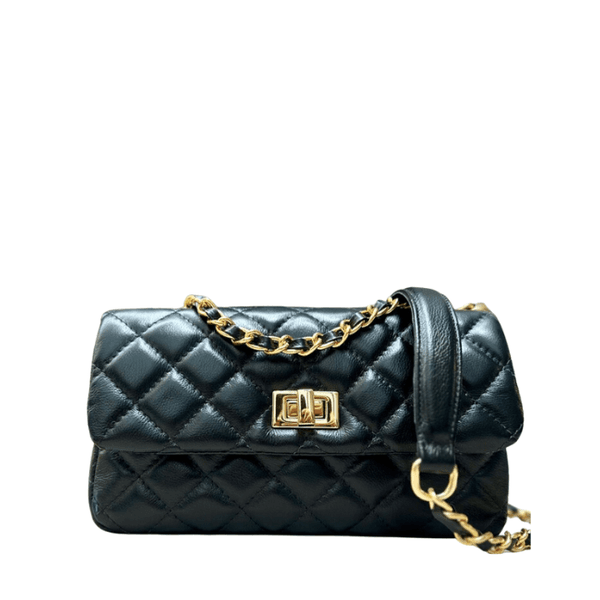 Bolsa Lavínia Couro Preto com Ferragens Dourada