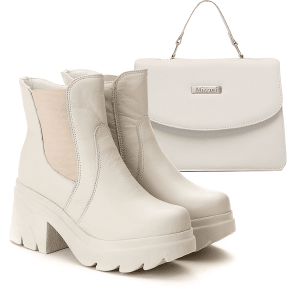 Kit Coturno Chelsea Bota E Bolsa Tira Colo Couro Legítimo Off-White