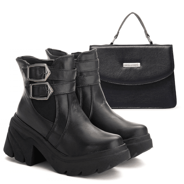 Kit Bota Chelsea Coturno Botinha E Bolsa Lorena Couro Legítimo Preto