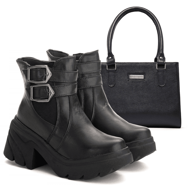 Kit Coturno Bota Chelsea E Bolsa Lorena Couro Legítimo Preto