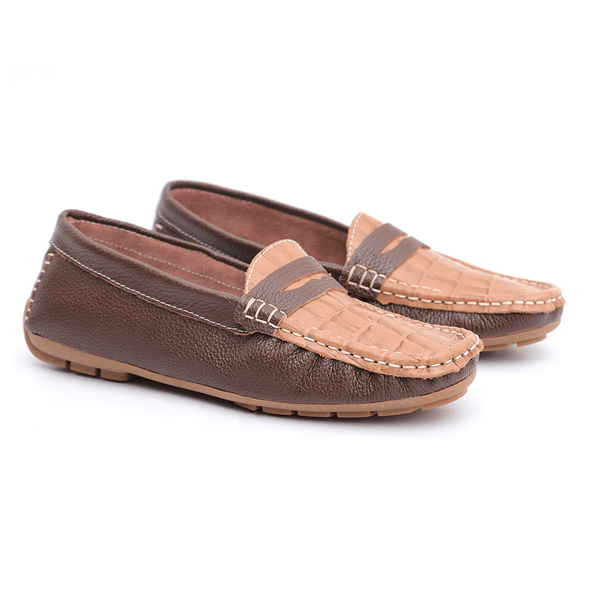 Mocassim Feminino Em Couro Bicolor Café