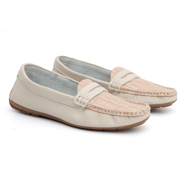 Mocassim Feminino Em Couro Bicolor Creme