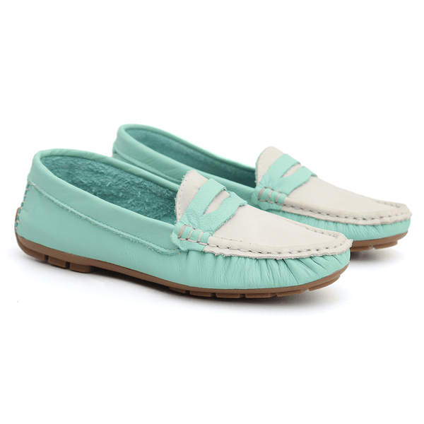 Mocassim Feminino Em Couro Bicolor Verde Água