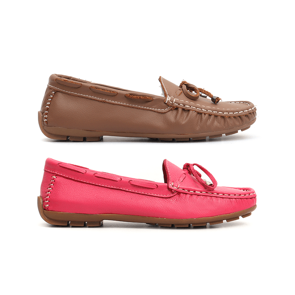 Kit 2 Mocassins Casual Feminino Em Couro Marrom + Pink