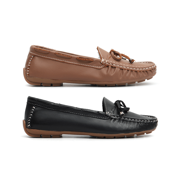 Kit 2 Mocassins Casual Feminino Em Couro Marrom + Preto