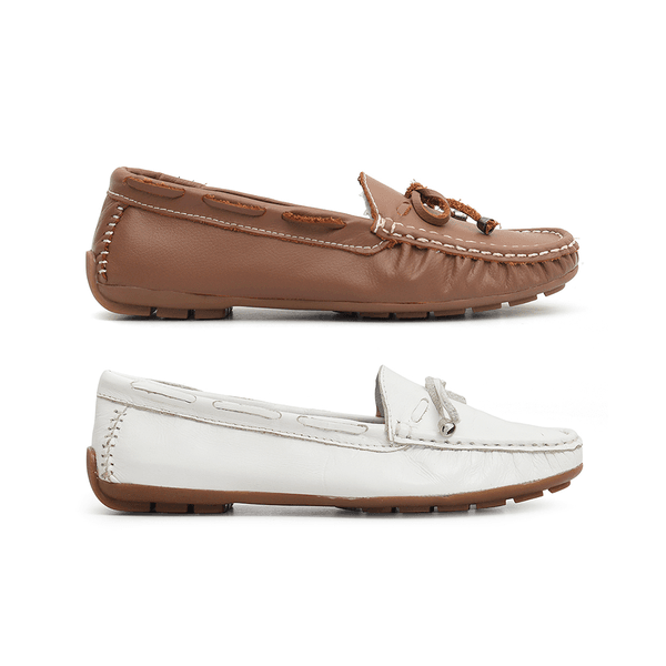 Kit 2 Mocassins Casual Feminino Em Couro Marrom + Branco
