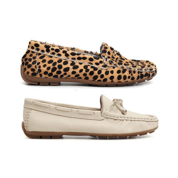 Kit 2 Mocassins Casual Feminino Em Couro Creme + Onça 