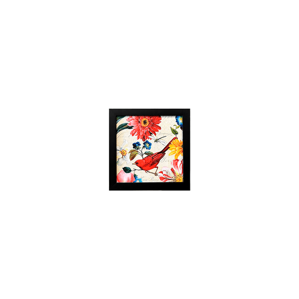 Quadro 20x20 Pássaro e Flores - Moldura Preta