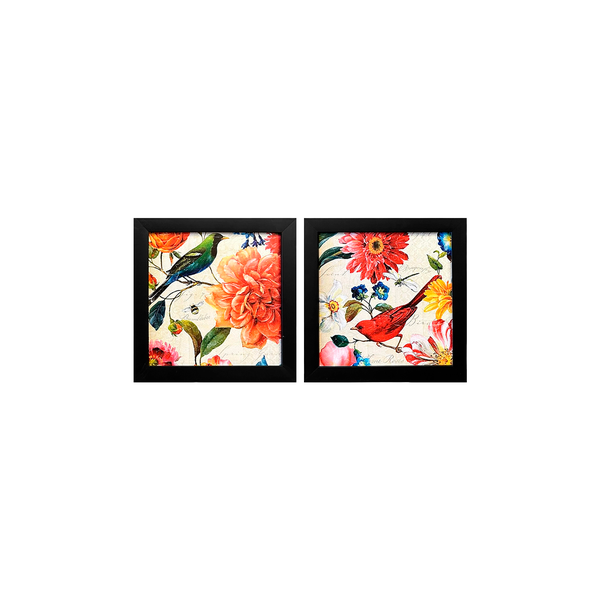 Dupla de Quadro 20x20 Pássaro e Flores - Moldura Preta
