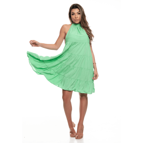 Vestido Curto Babados Frente Unica Cores Primavera Verão Verde