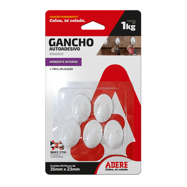 GANCHO AUTOADESIVO BRANCO ADERE PEQUENO 35MM X 23MM 5 UNIDADES