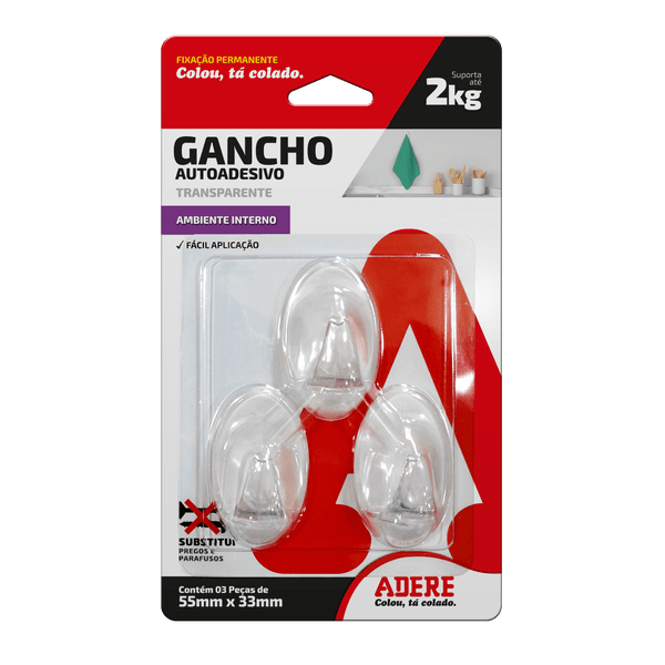 GANCHO AUTOADESIVO BRANCO ADERE MÉDIO 55MM X 3MM 3 UNIDADES