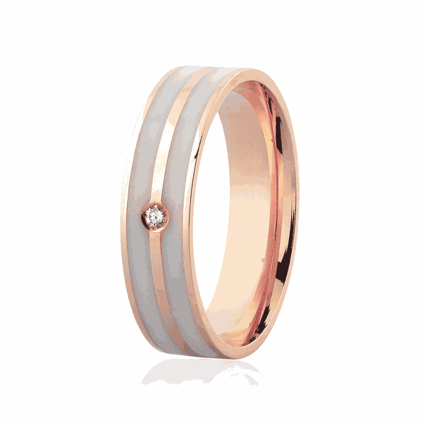 Aliança de Ouro Rosé 18K com Brilhante e Detalhe Pigmentado 5mm