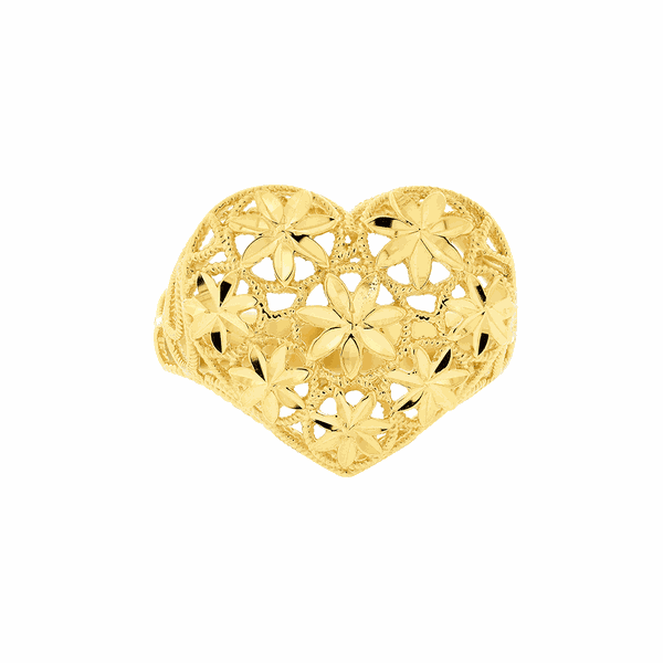 Anel Ouro 18K Coração Flores Diamantado