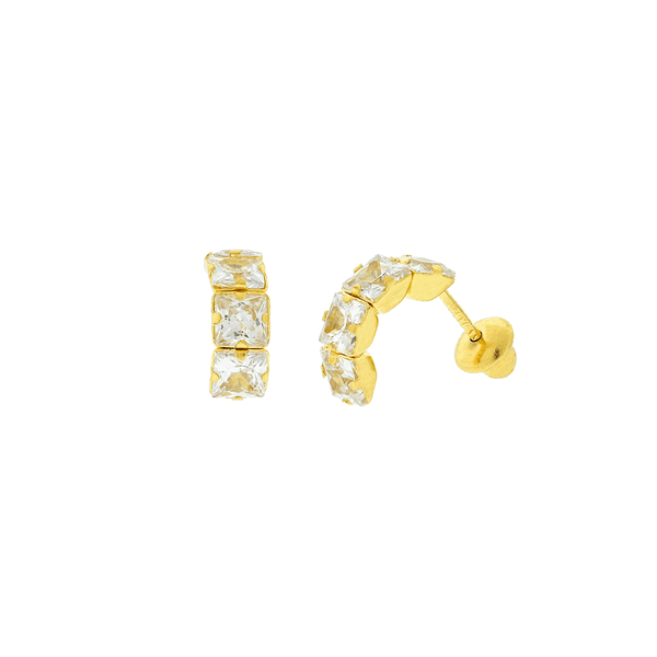 Brinco de Ouro 18K Meia Argola com Zircônias 