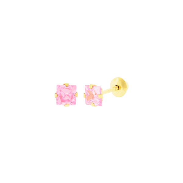 Brinco de Ouro 18K Zircônia Rosa Quadrada 3mm