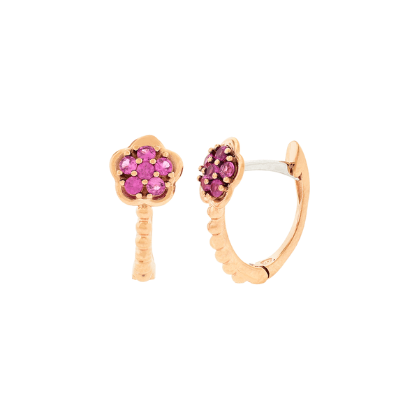 Brinco de Ouro Rosé 18K Bolinhas com Flores de Safira Rosa