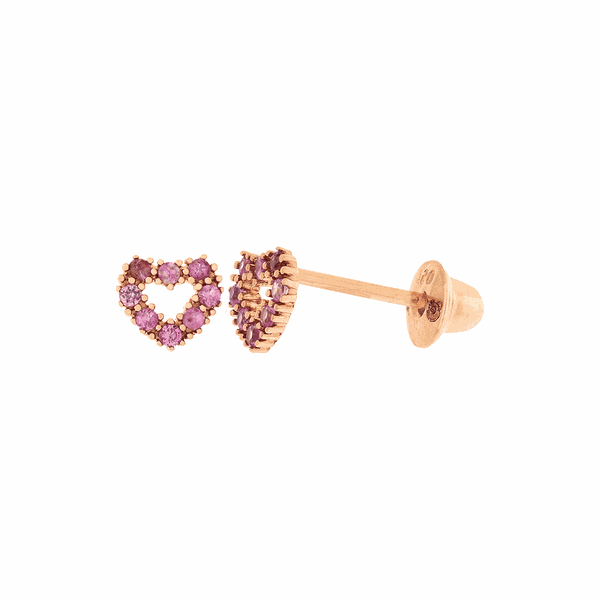 Brinco de Ouro Rosé 18K Coração Mini com Safiras Rosa