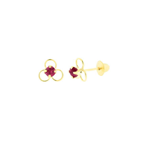 Brinco Infantil Flor com Zirconia Vermelha em Ouro 18K