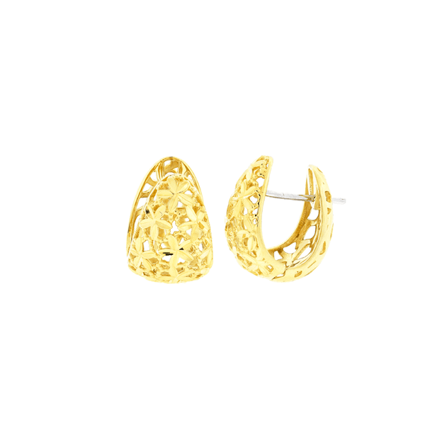 Brinco de Ouro 18K Detalhe Flores Diamantado Fecho Trava