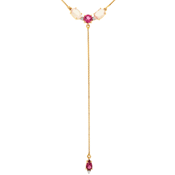 Gargantilha Gravatinha em Ouro Rosé 18K com Turmalina Rosa e Quartzo Rosa
