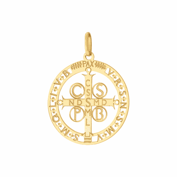 Pingente de São Bento em Ouro 18K Cruz Medalha Vazada 1,8cm