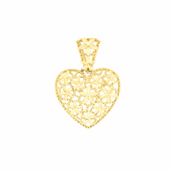 Pingente de Ouro 18K Coração Flores Diamantado Pequeno