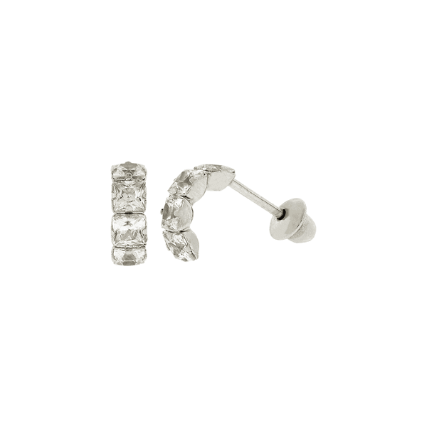 Brinco de Ouro Branco 18K Meia Argola Pequena com Zircônias