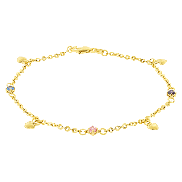 Pulseira Feminina de Ouro 18K Pedras Coloridas e Corações Pendentes