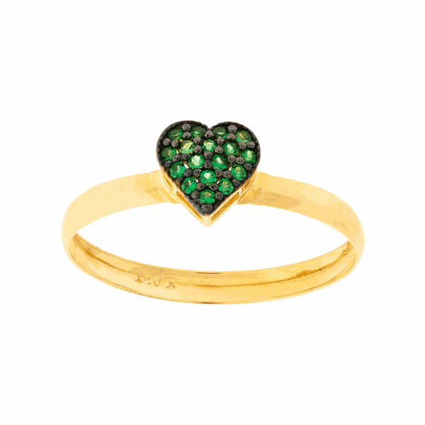 Anel Ouro 18K Feminino Coração Zircônias Verde