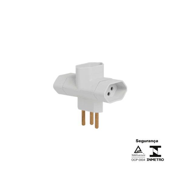 Pino Tomada Bipolar Com 3 Saídas Tipo T 10A 250V 12270 Branco - ILUMI