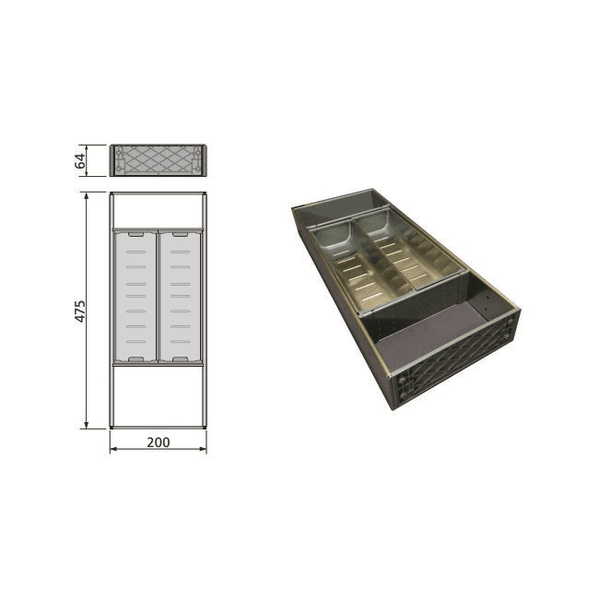 Organizador inox 200x475mmx64 2 Recipiente 