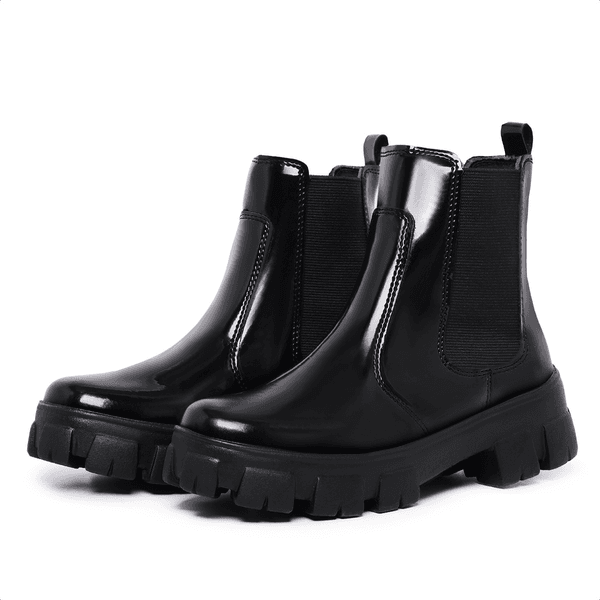 Bota Coturno Feminino Tratorada Chelsea Macia Confortável Preto Verniz