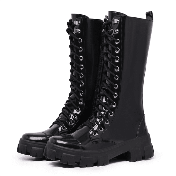 Bota Coturno Cano Longo Alto Blogueiras Preto Verniz